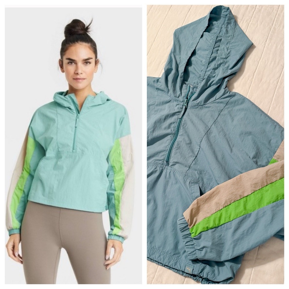 JoyLab Crop Windbreaker Womens LARGE Blue Color Block Quarter Zip‎ Hooded Jacket